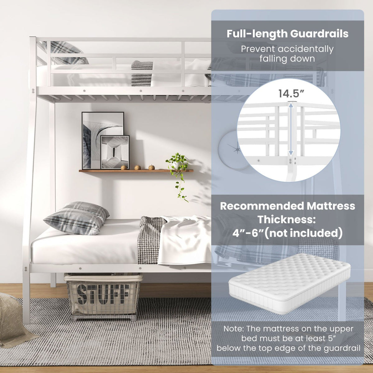 Space-saving Metal Slatted Bed Frame for Teens and Adults Noise-free No Box Spring Needed-White view 9