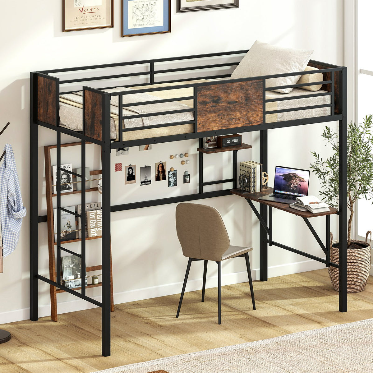 Space-Saving Twin Loft Bed with Safety Guardrail and Ladder-Coffee view 2