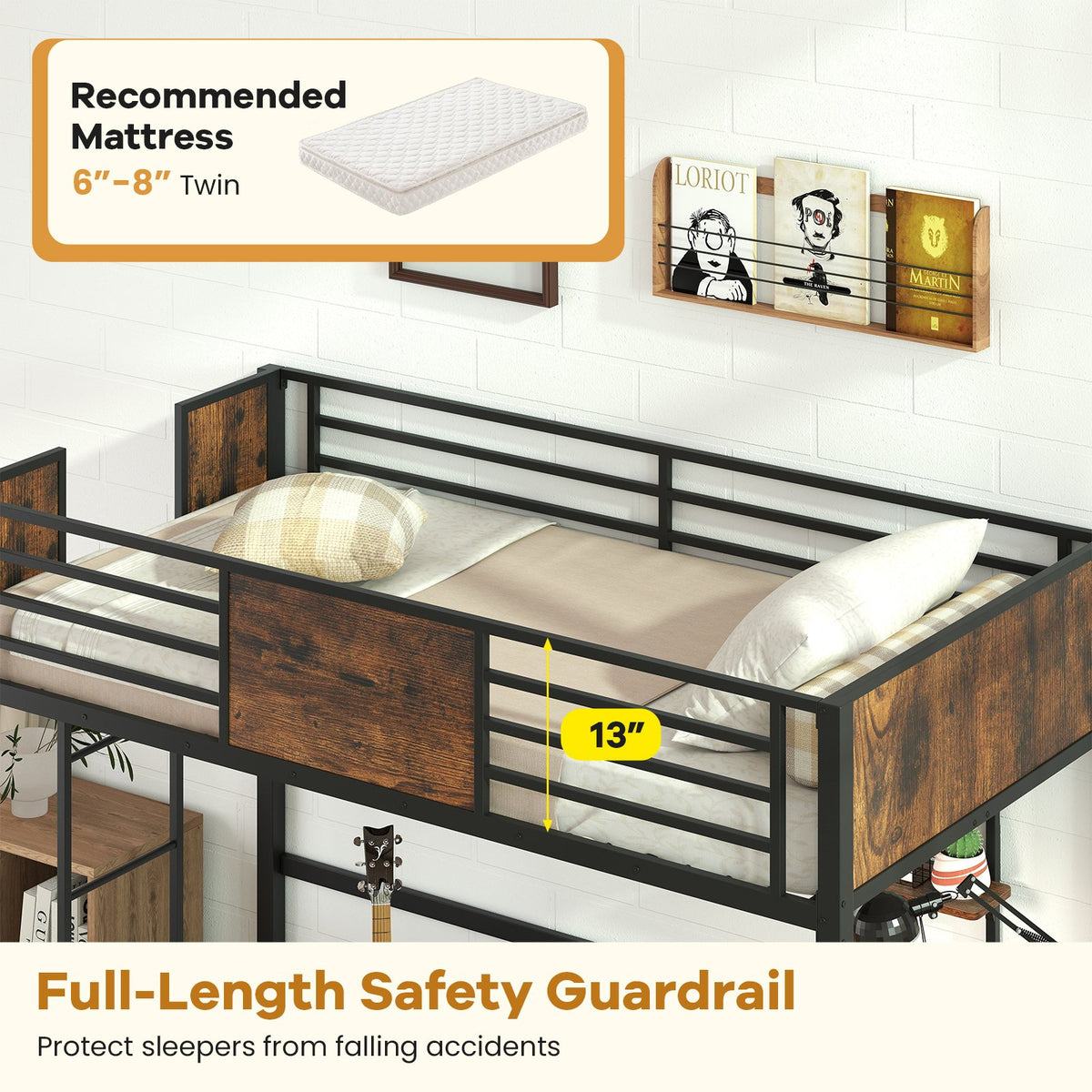 Space-Saving Twin Loft Bed with Safety Guardrail and Ladder-Coffee view 8
