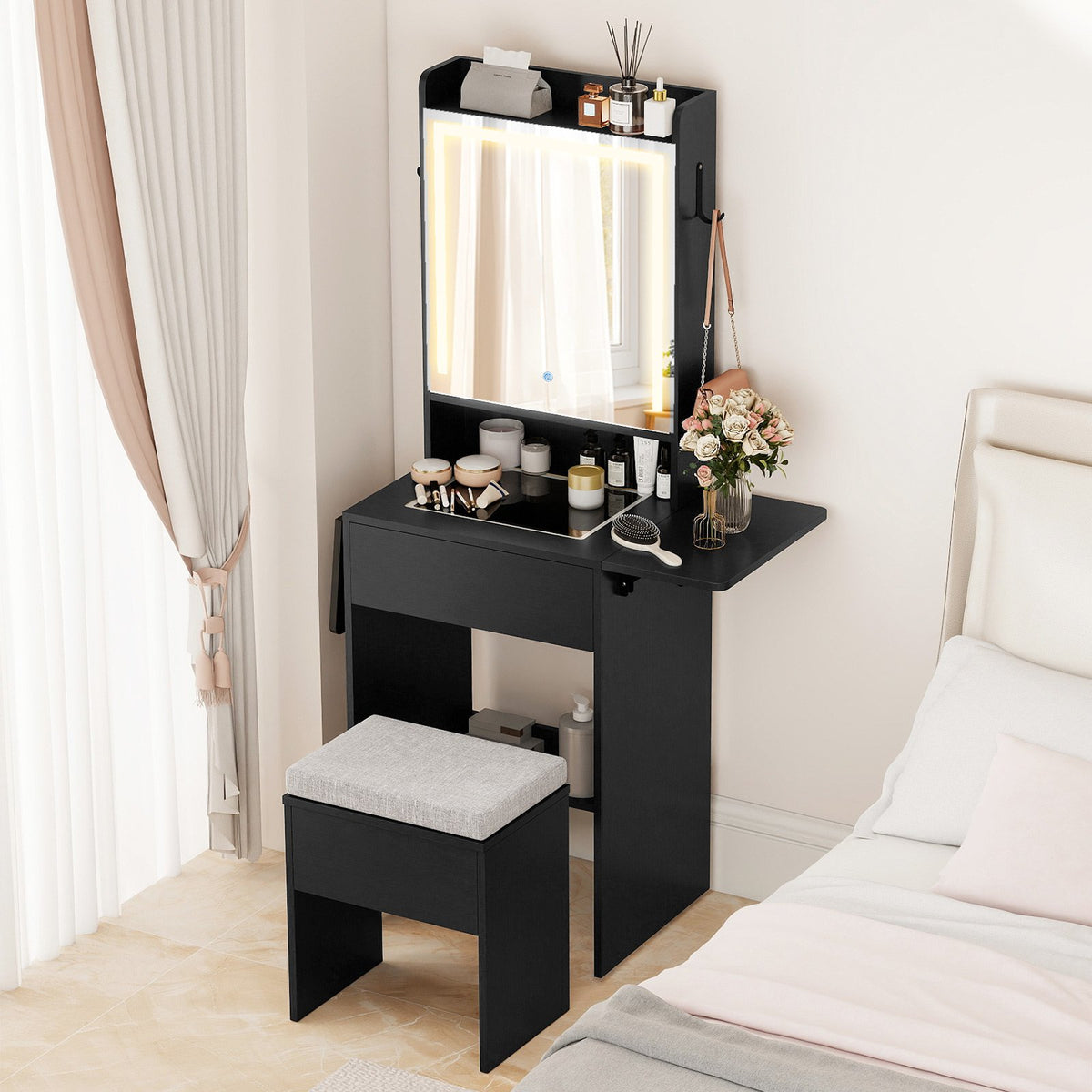 Space-saving Vanity Desk with Mirror and Lights for Bedroom-Black view 2