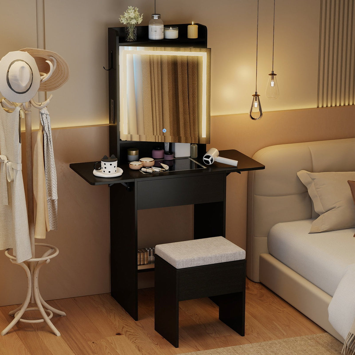 Space-saving Vanity Desk with Mirror and Lights for Bedroom-Black view 3