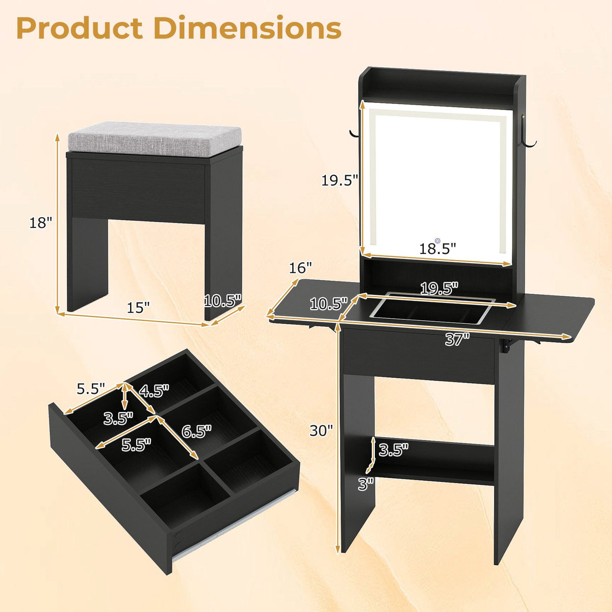 Space-saving Vanity Desk with Mirror and Lights for Bedroom-Black view 4