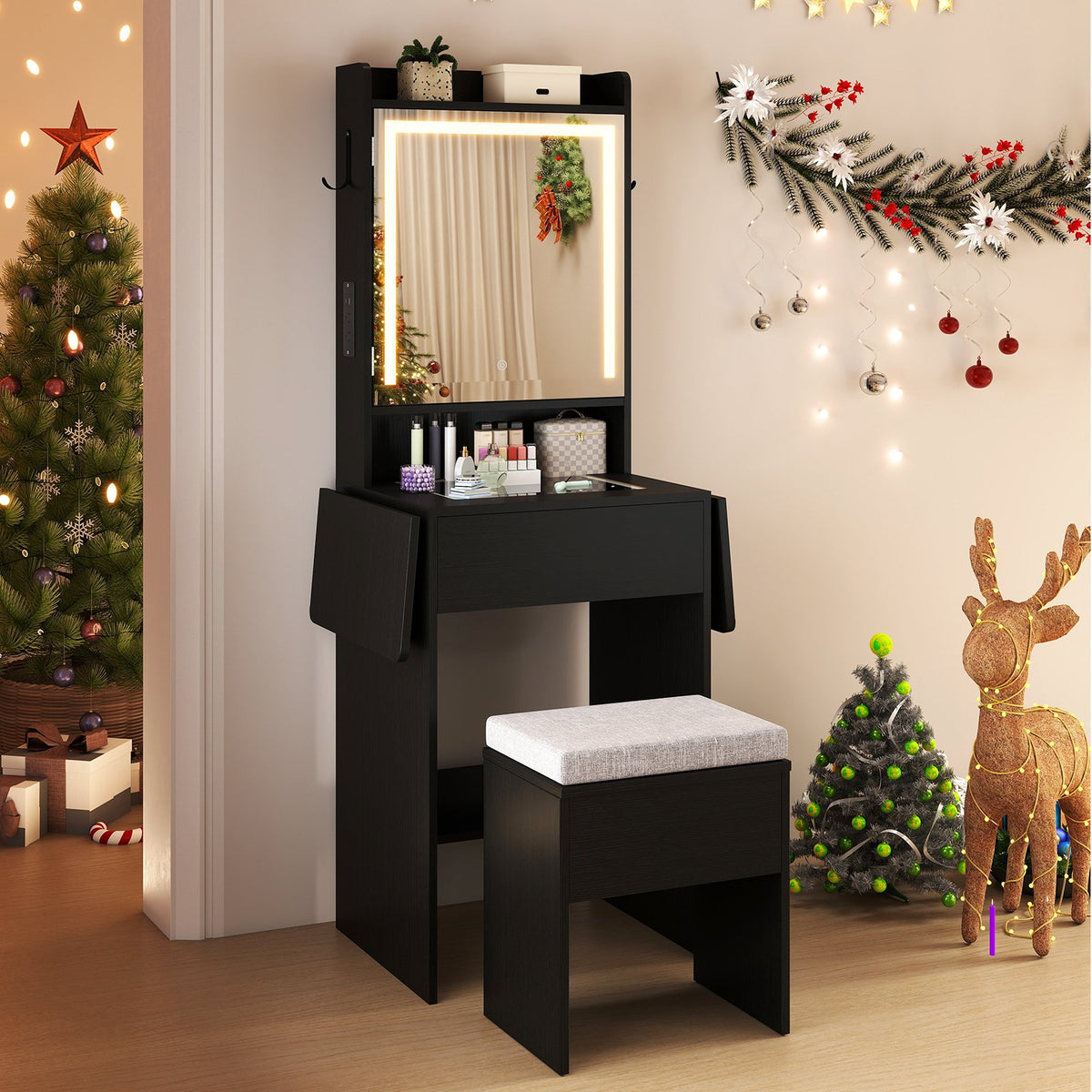 Space-saving Vanity Desk with Mirror and Lights for Bedroom-Black view 5