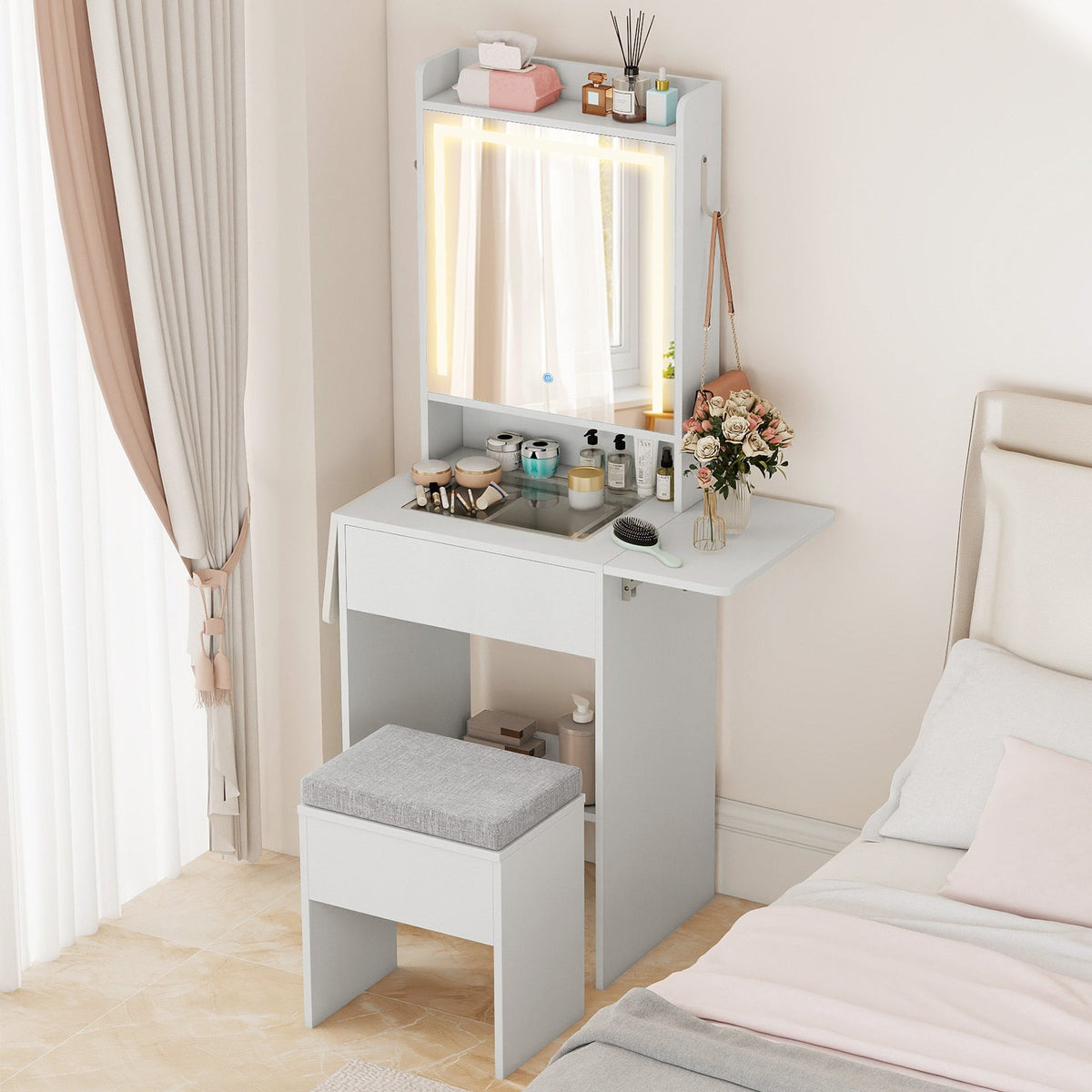 Space-saving Vanity Desk with Mirror and Lights for Bedroom-White view 2