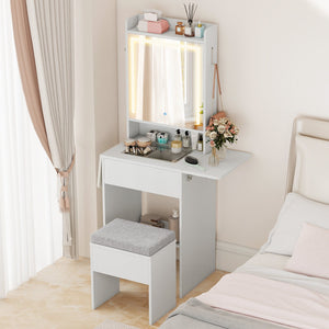 Space-saving Vanity Desk with Mirror and Lights for Bedroom-White view 2