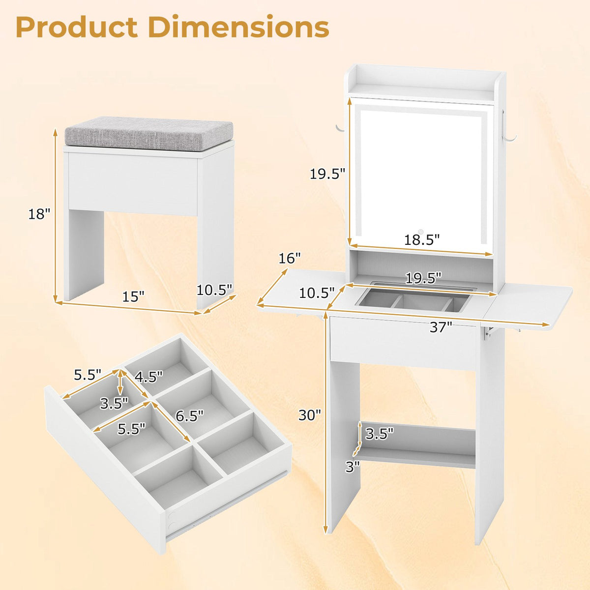 Space-saving Vanity Desk with Mirror and Lights for Bedroom-White view 4