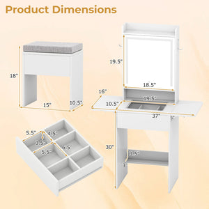 Space-saving Vanity Desk with Mirror and Lights for Bedroom-White view 4