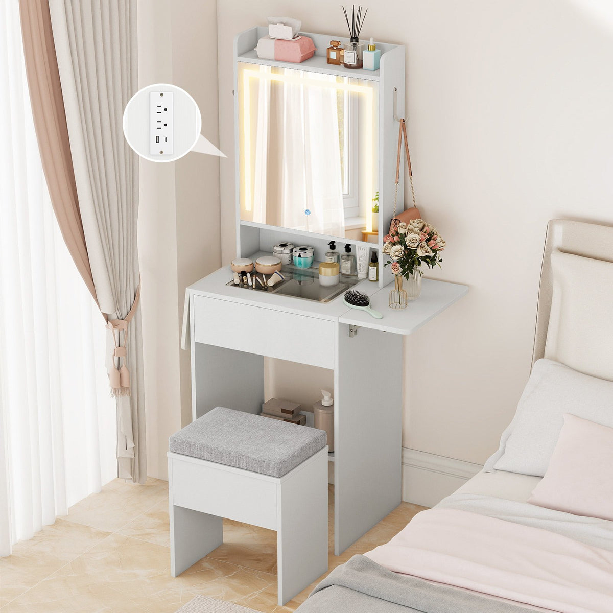 Space-saving Vanity Desk with Mirror and Lights for Bedroom-White view 5
