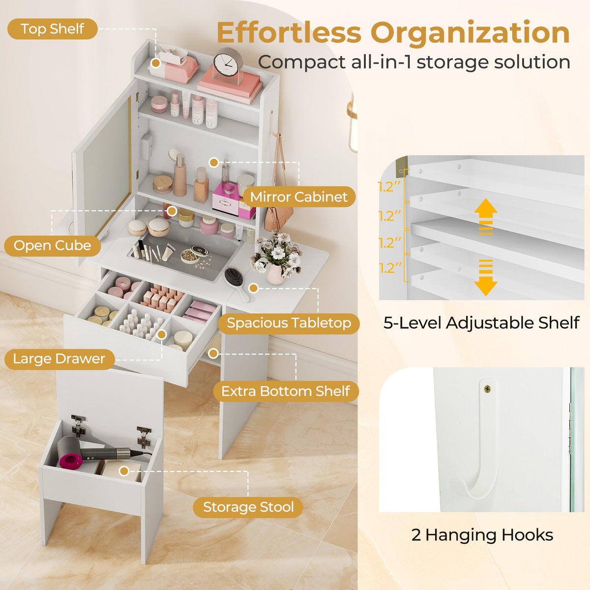 Space-saving Vanity Desk with Mirror and Lights for Bedroom-White view 8