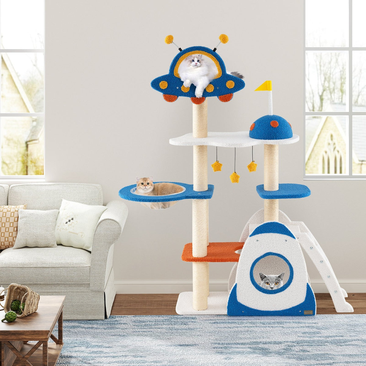 Space Theme Cat Tree Multi-level Cat Tower with Sisal Covered Scratching Posts-Multicolor view 3