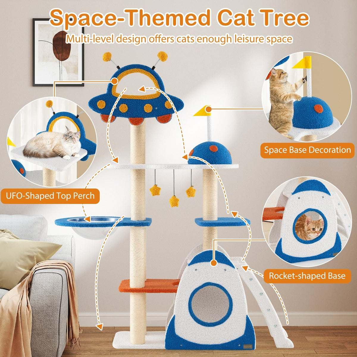 Space Theme Cat Tree Multi-level Cat Tower with Sisal Covered Scratching Posts-Multicolor view 7