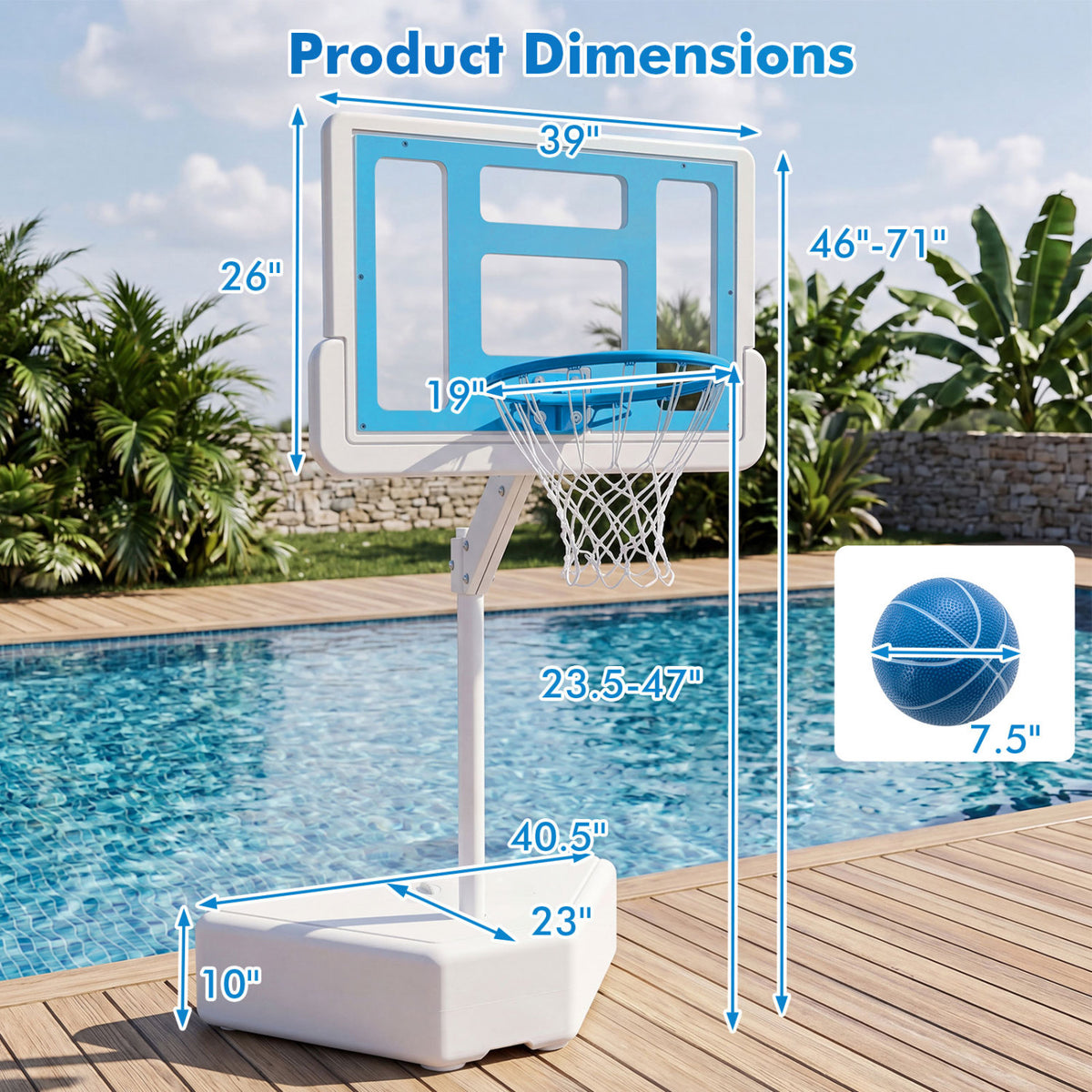 Splash & Shoot Pool Basketball Hoop with Adjustable Height & 2 Balls and Pump-Blue view 4
