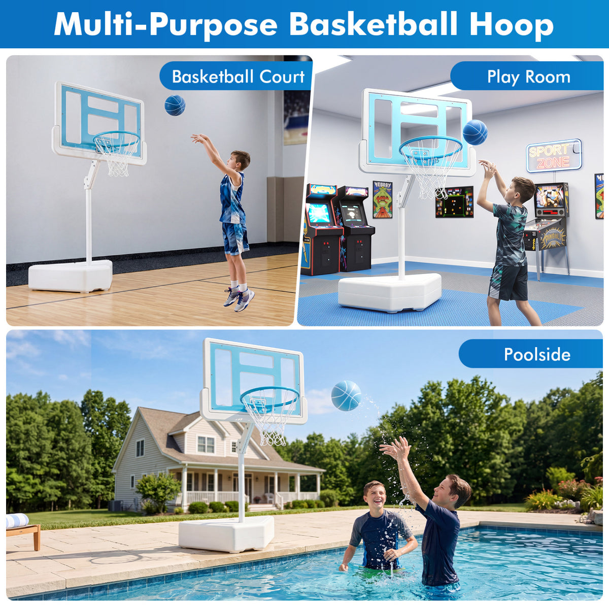 Splash & Shoot Pool Basketball Hoop with Adjustable Height & 2 Balls and Pump-Blue view 5