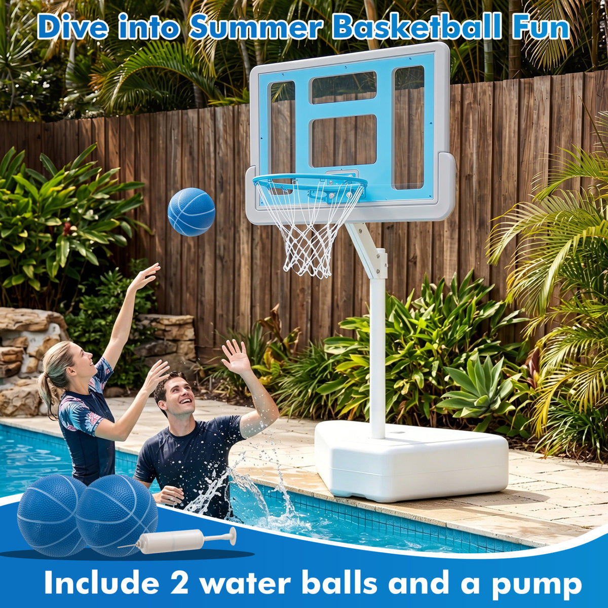 Splash & Shoot Pool Basketball Hoop with Adjustable Height & 2 Balls and Pump-Blue view 6