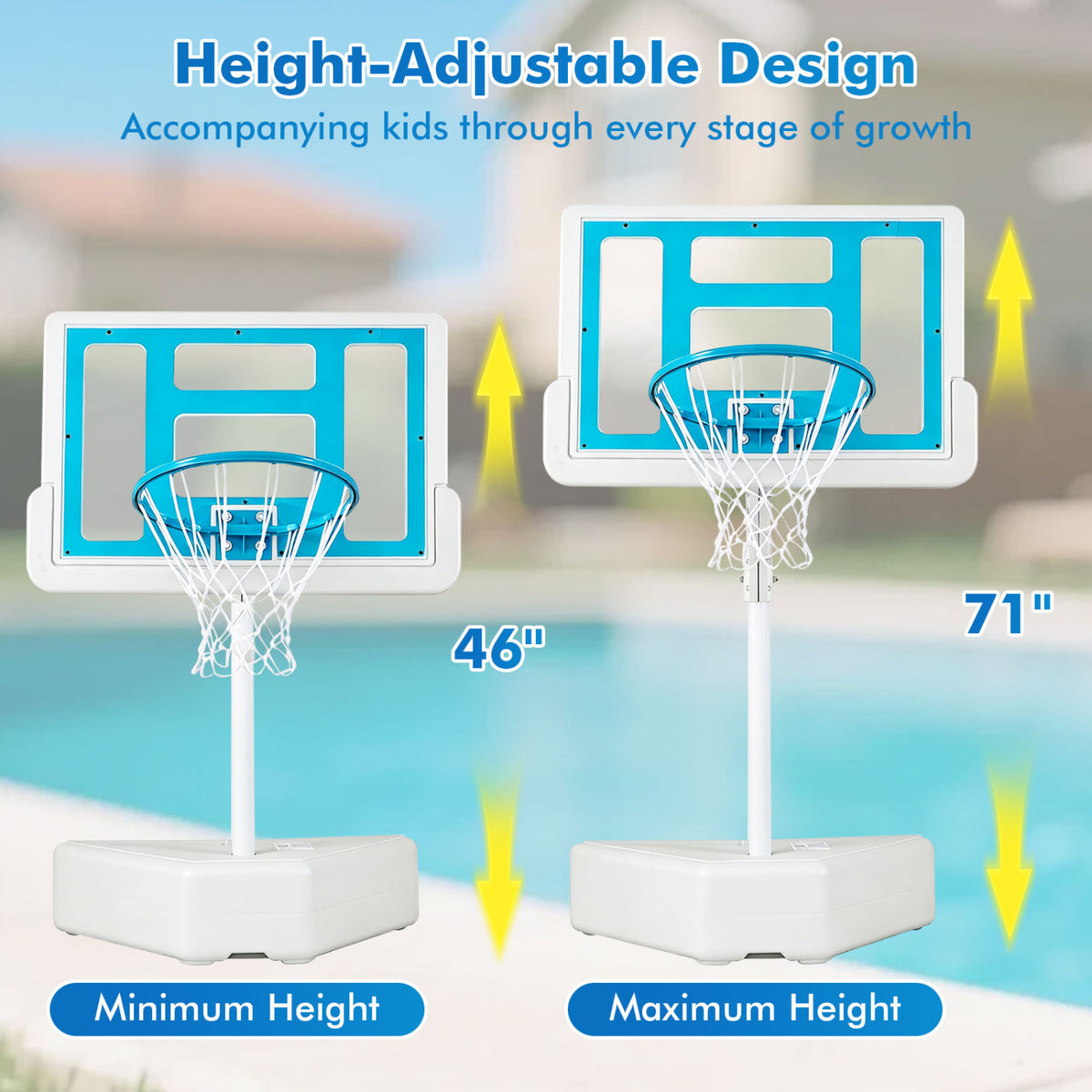 Splash & Shoot Pool Basketball Hoop with Adjustable Height & 2 Balls and Pump-Blue view 9