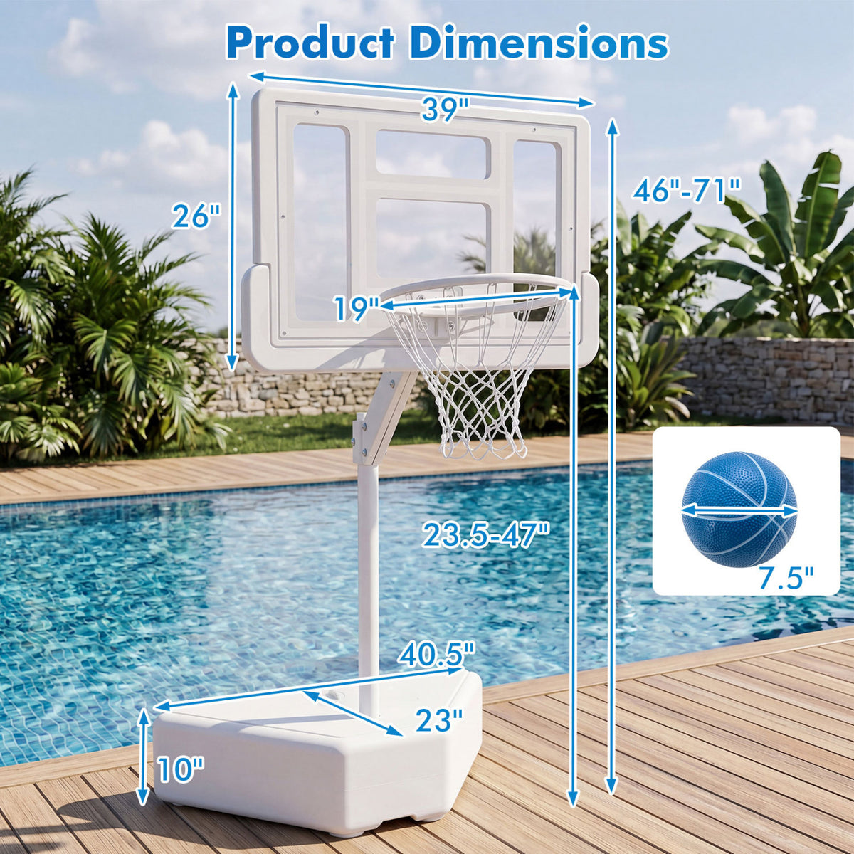 Splash & Shoot Pool Basketball Hoop with Adjustable Height & 2 Balls and Pump-White view 4