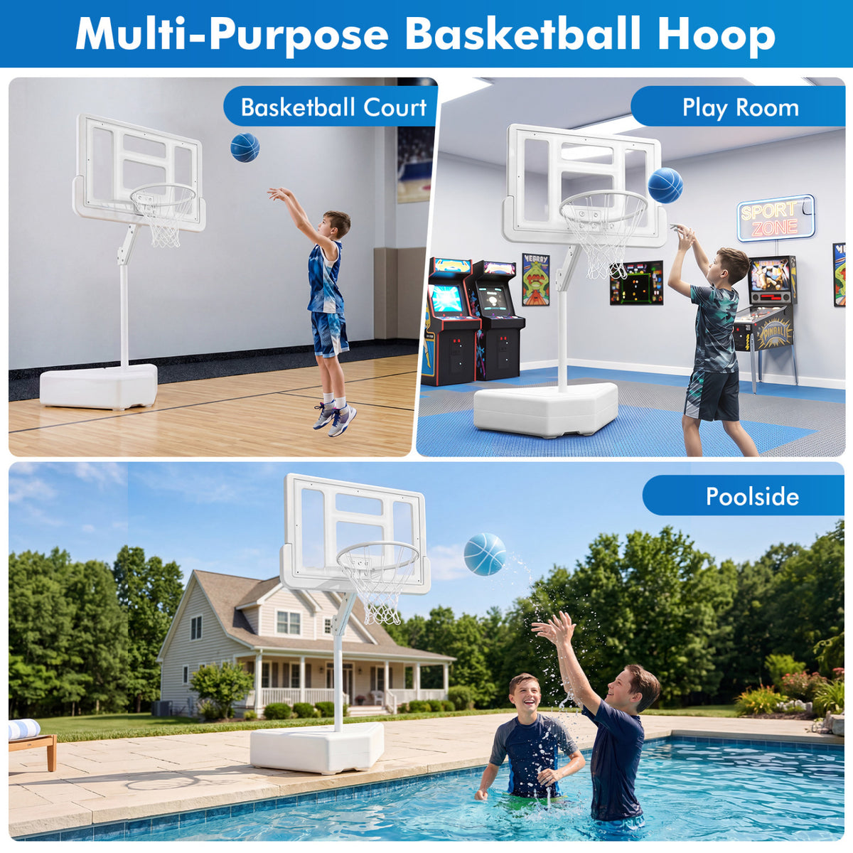 Splash & Shoot Pool Basketball Hoop with Adjustable Height & 2 Balls and Pump-White view 5