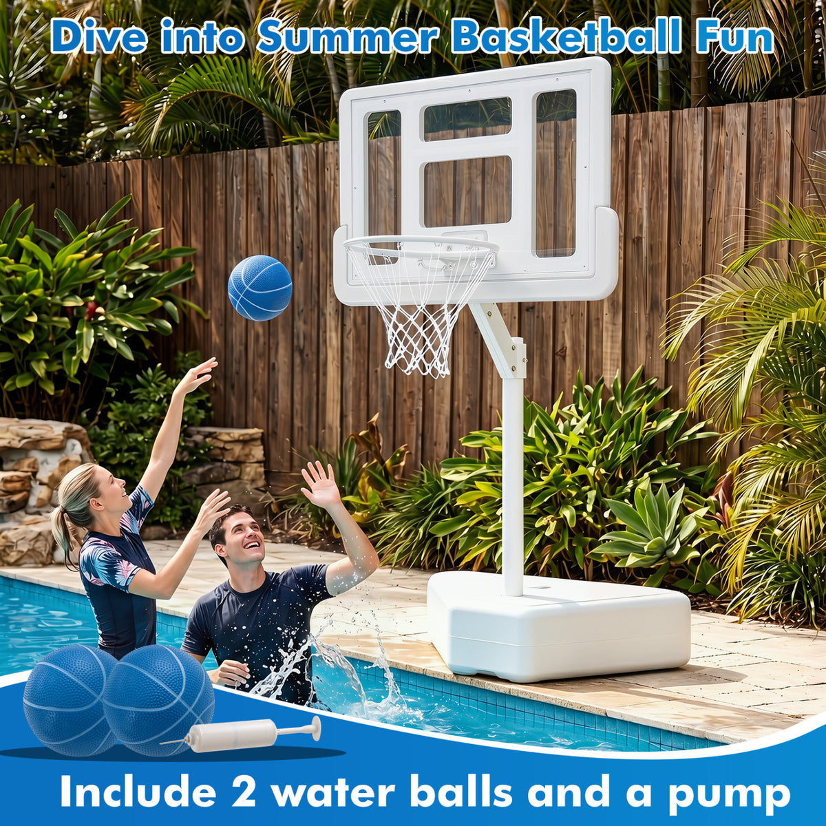 Splash & Shoot Pool Basketball Hoop with Adjustable Height & 2 Balls and Pump-White view 6