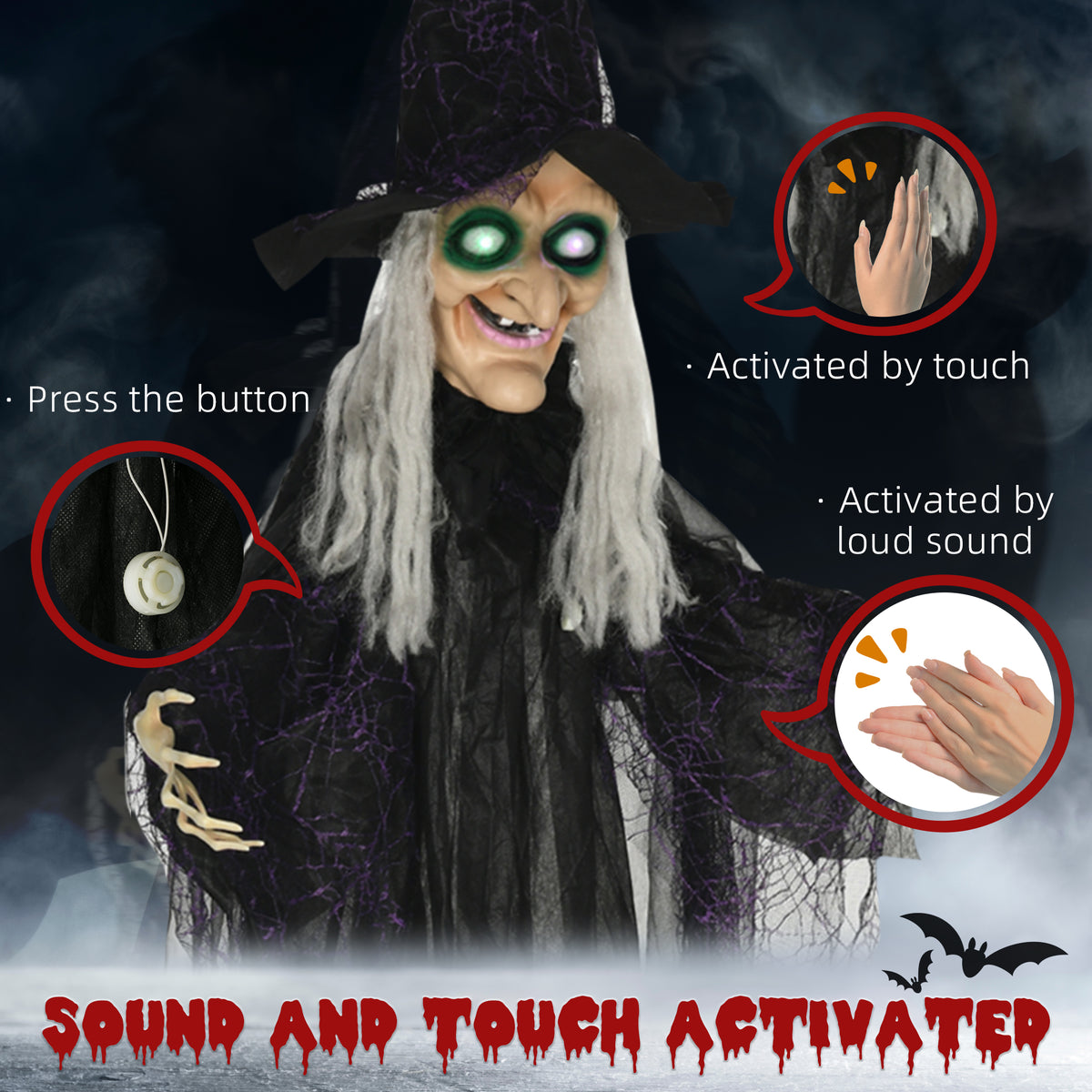 6' Life Size Black Witch Outdoor Halloween Decoration, Halloween Prop w/ Light Up Eyes