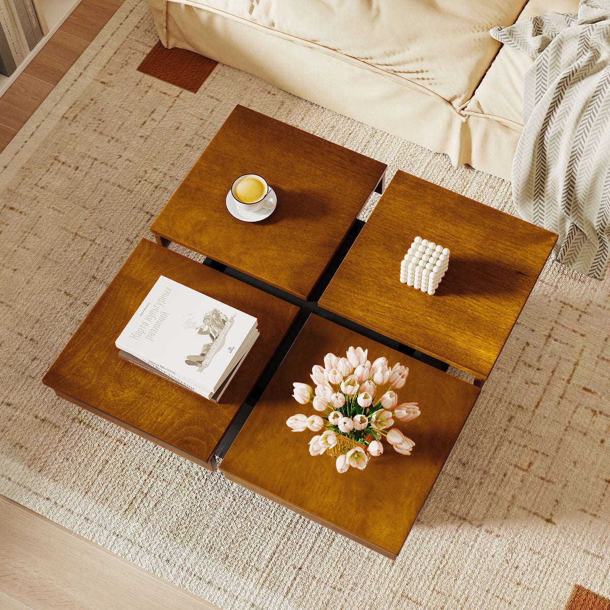 Square Coffee Table Mid Century Modern Center Table-Walnut view 6