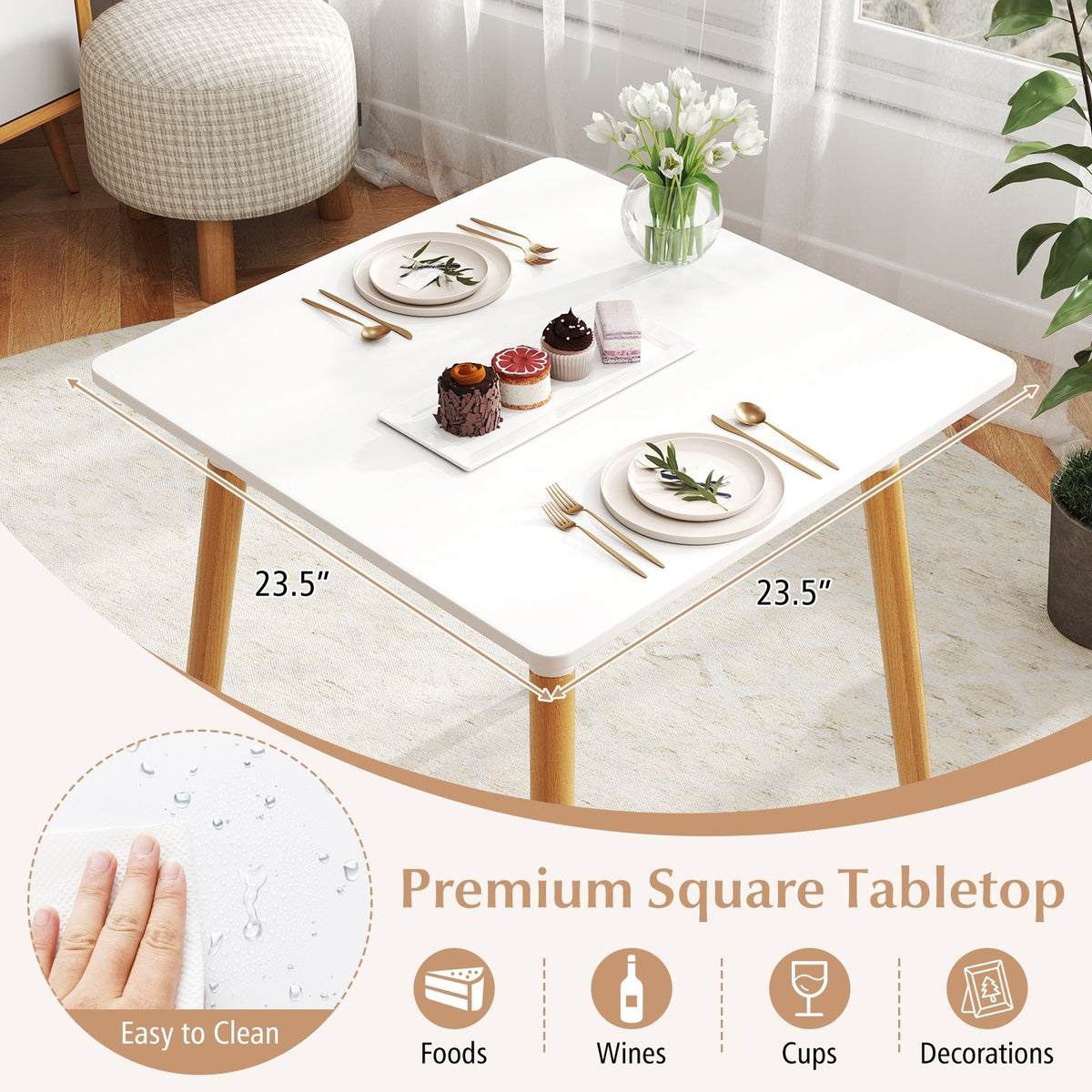 Square Dining Table with Adjustable Foot Pads for Dining Room Kitchen-White view 7