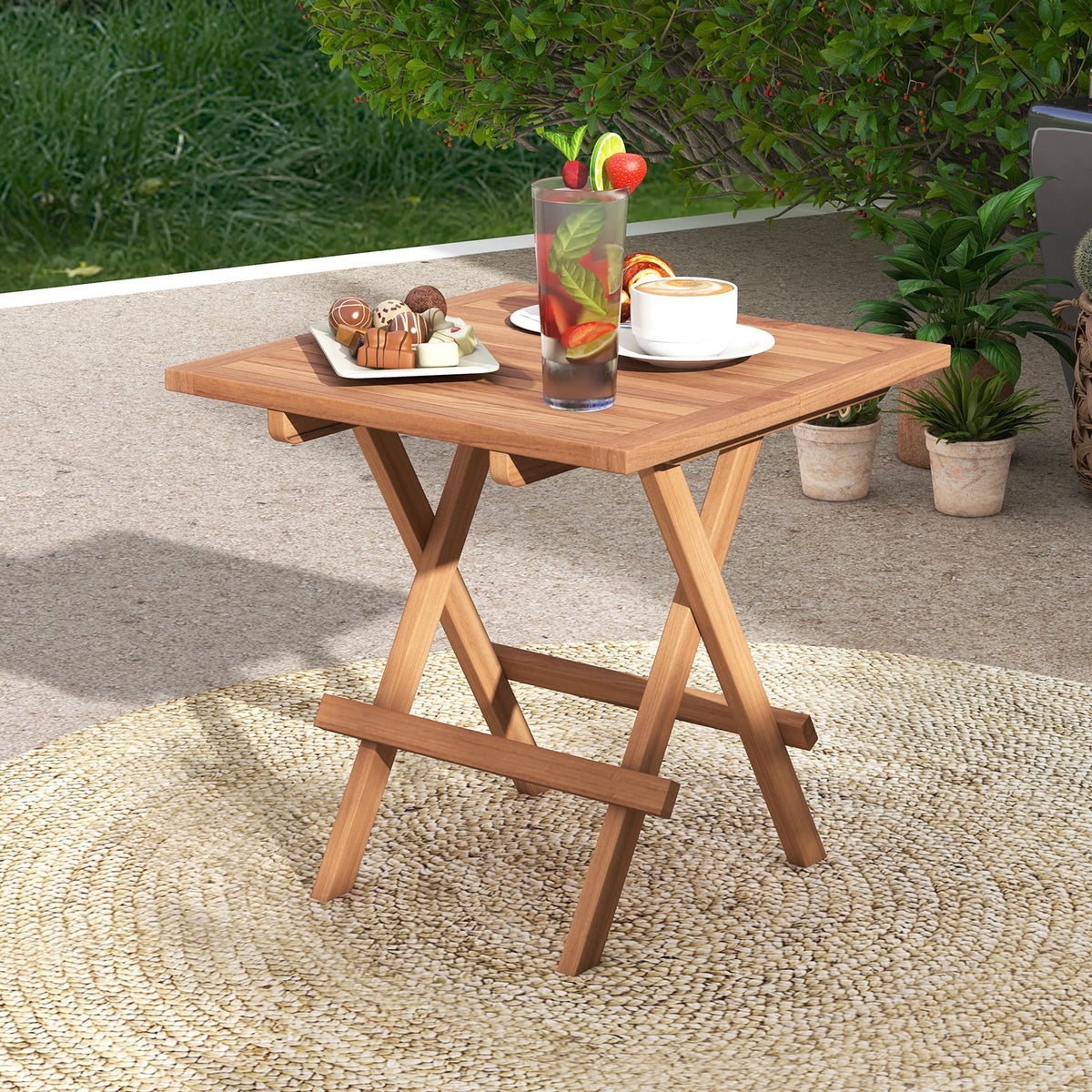 Square Patio Folding Table Indonesia Teak Wood with Slatted Tabletop Portable for Picnic view 2