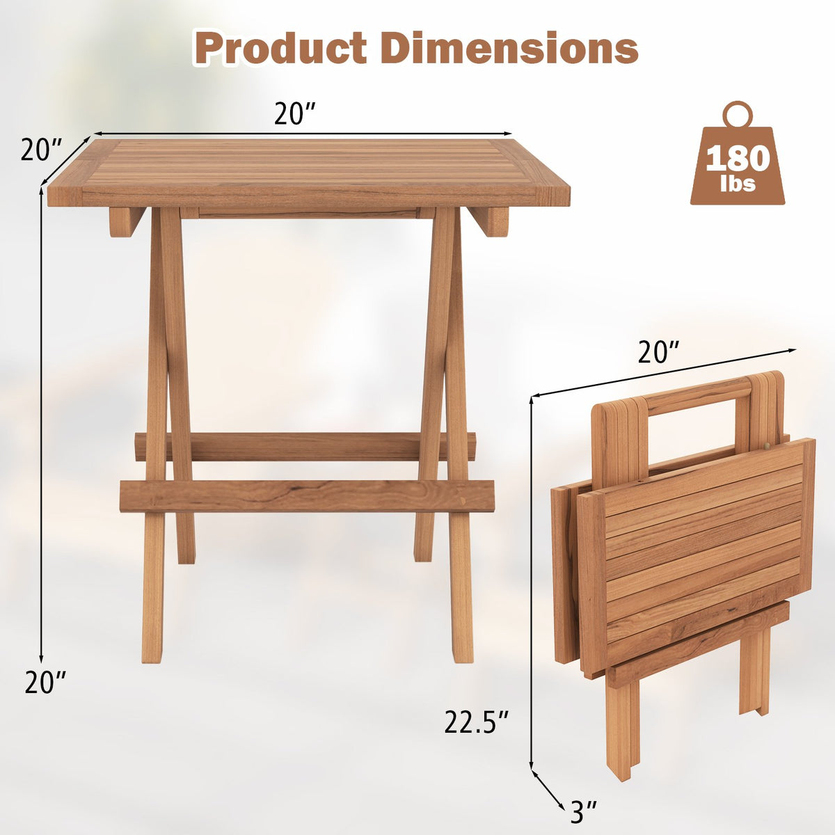 Square Patio Folding Table Indonesia Teak Wood with Slatted Tabletop Portable for Picnic view 5