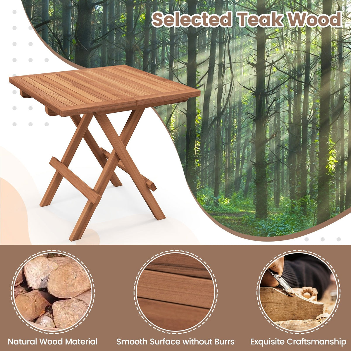 Square Patio Folding Table Indonesia Teak Wood with Slatted Tabletop Portable for Picnic view 7