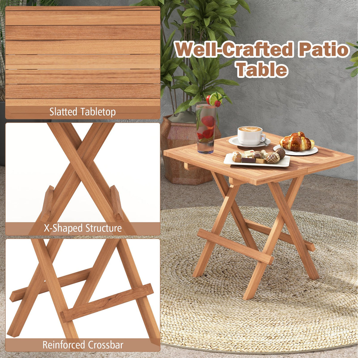 Square Patio Folding Table Indonesia Teak Wood with Slatted Tabletop Portable for Picnic view 8