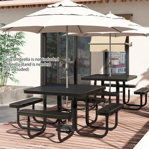 Square Picnic Table and Bench for 8 Person with Seats and Umbrella Hole-Black view 2