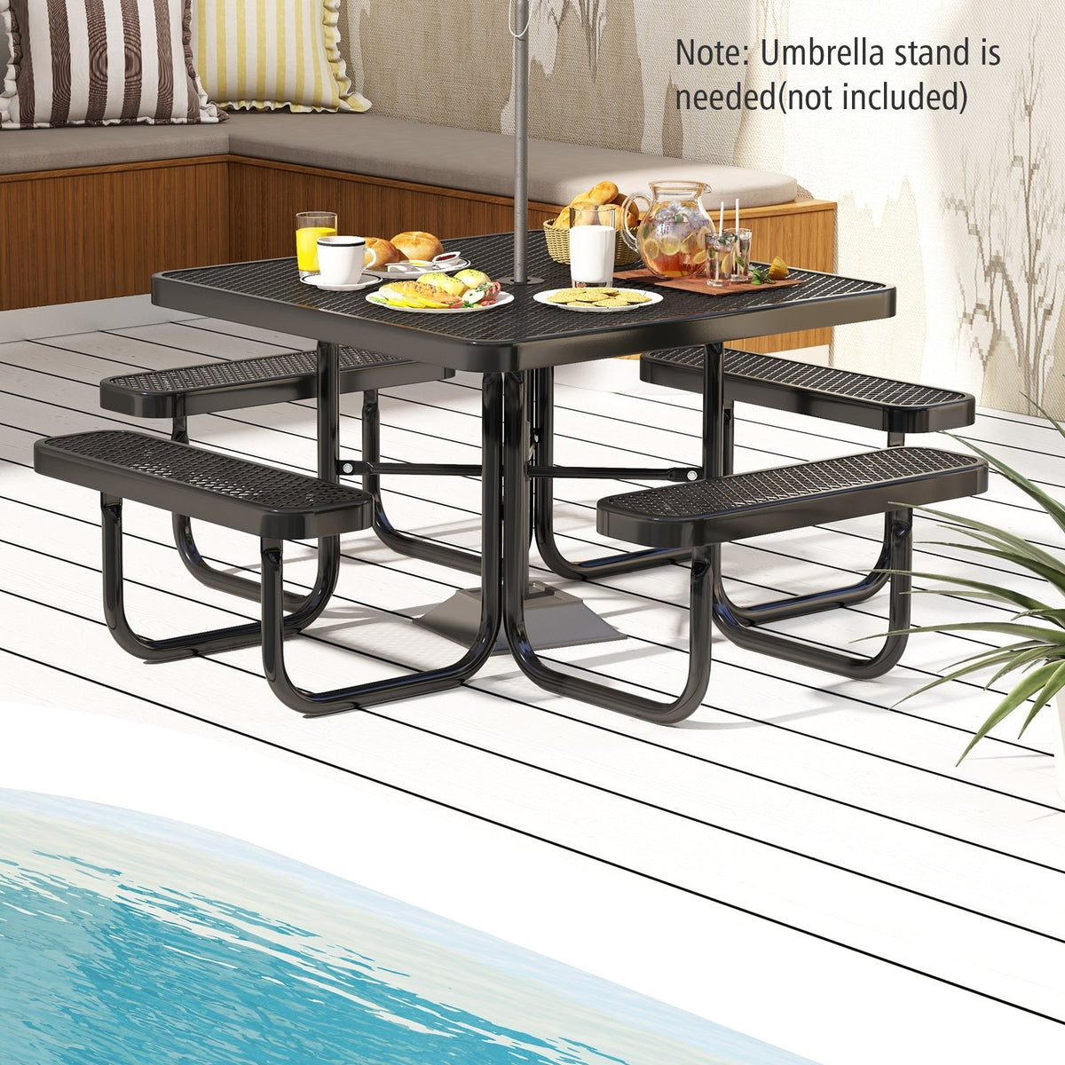 Square Picnic Table and Bench for 8 Person with Seats and Umbrella Hole-Black view 3