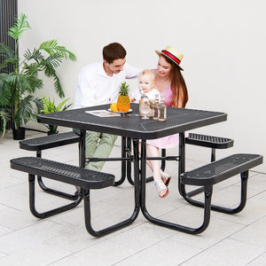 Square Picnic Table and Bench for 8 Person with Seats and Umbrella Hole-Black view 6