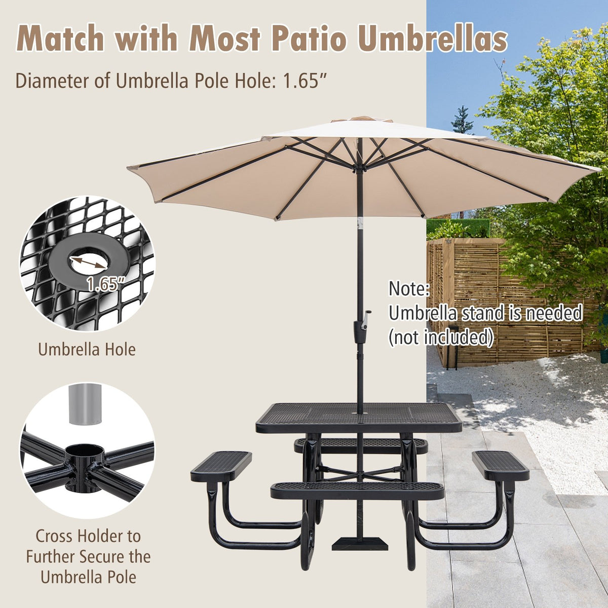 Square Picnic Table and Bench for 8 Person with Seats and Umbrella Hole-Black view 7