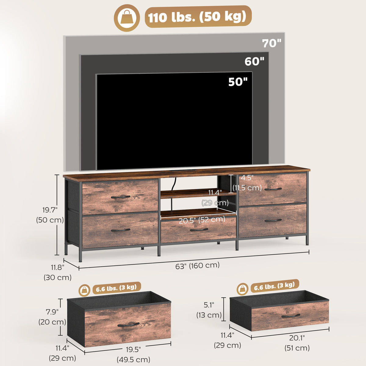 TV Stand for TVs up to 65 Inch, Industrial TV Console with Charging Station, 5 Drawers and Open Shelves – view 9