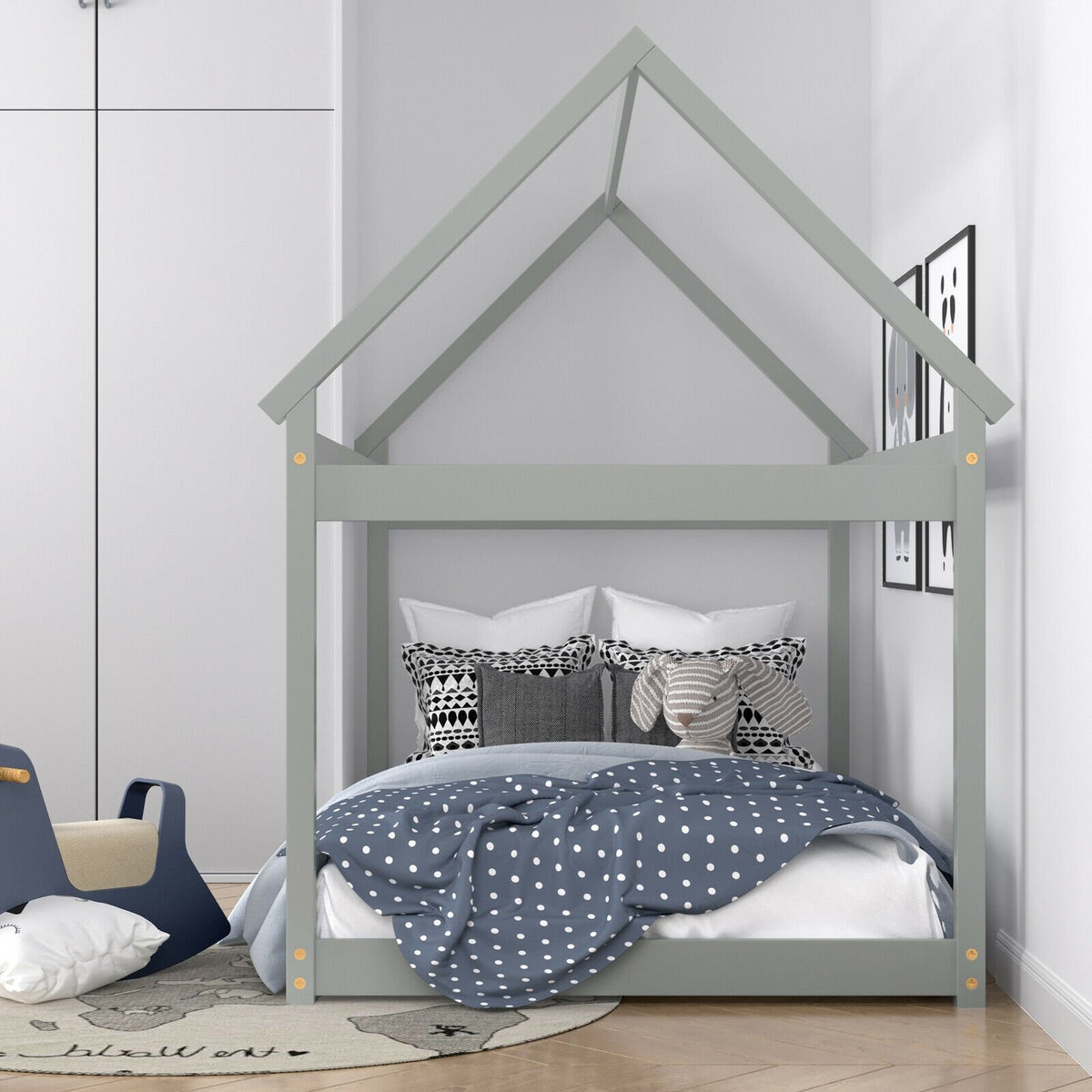 Stable Kids Platform Floor Bed with Roof and Heavy-Duty Slats-Gray view 6