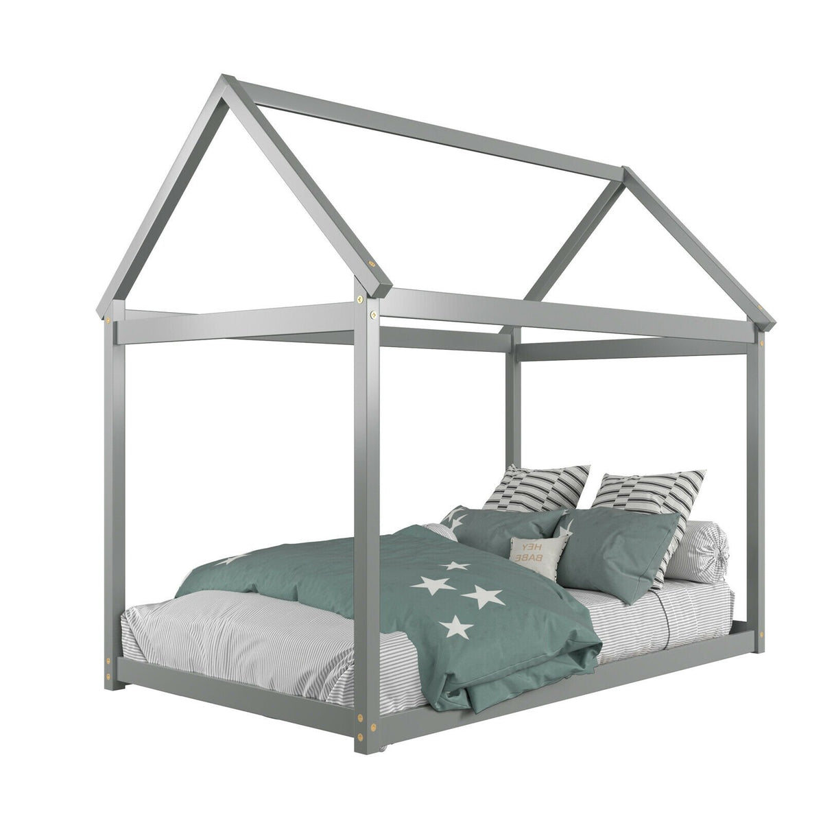 Stable Kids Platform Floor Bed with Roof and Heavy-Duty Slats-Gray view 9