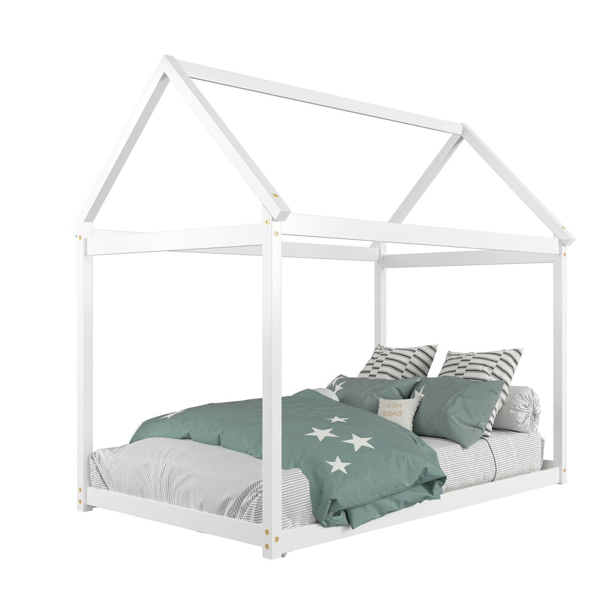 Stable Kids Platform Floor Bed with Roof ang Heavy-Duty Slats-White view 4