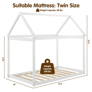 Stable Kids Platform Floor Bed with Roof ang Heavy-Duty Slats-White view 5