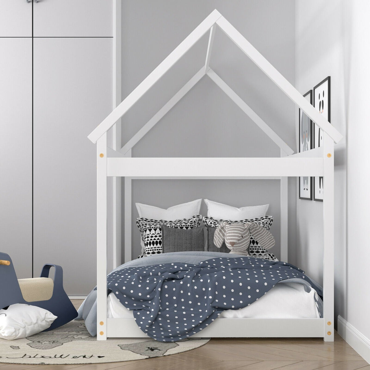 Stable Kids Platform Floor Bed with Roof ang Heavy-Duty Slats-White view 6