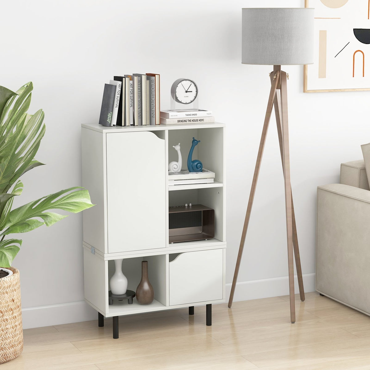 Stackable Bookcase with Adjustable Shelf and Cubes-White view 2