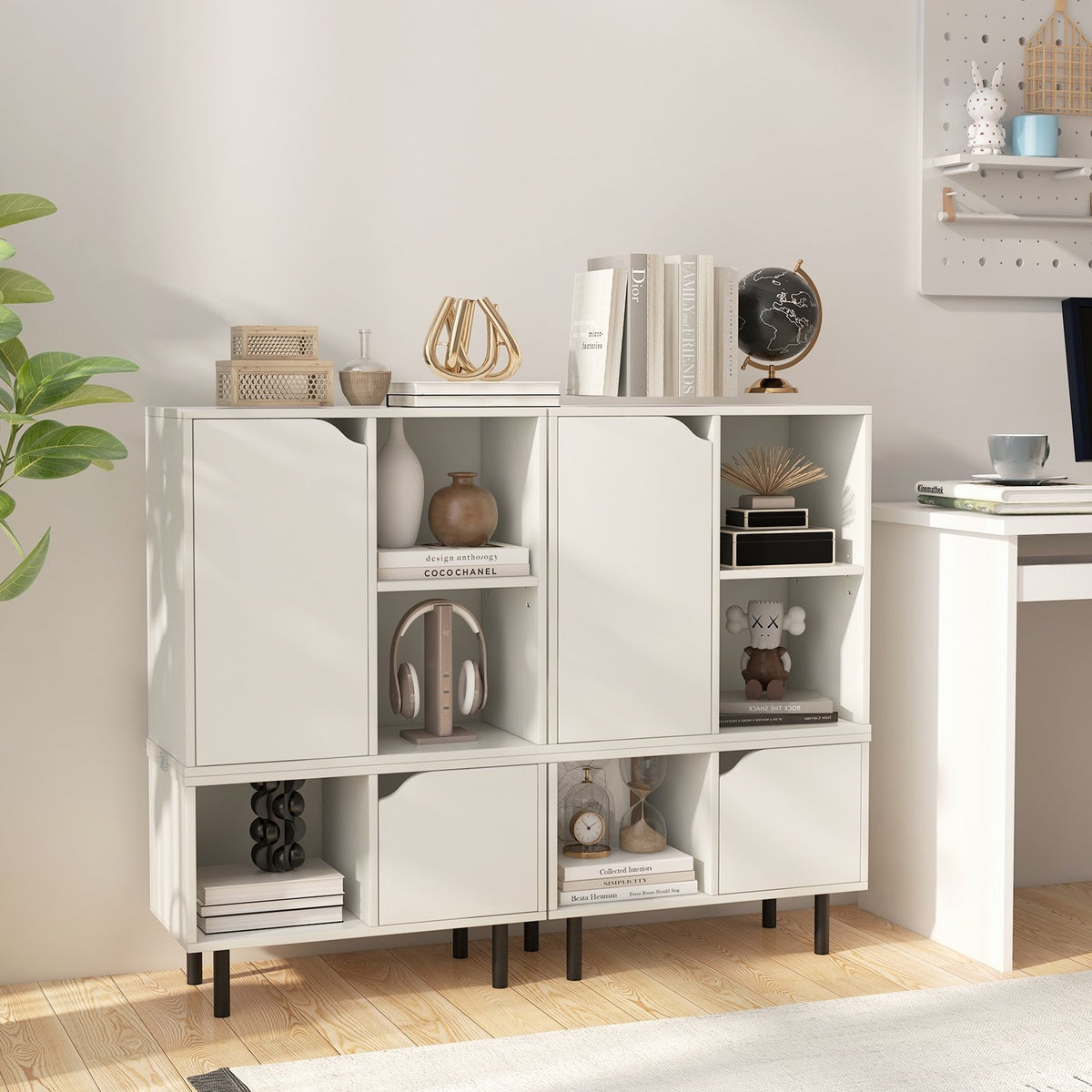 Stackable Bookcase with Adjustable Shelf and Cubes-White view 3