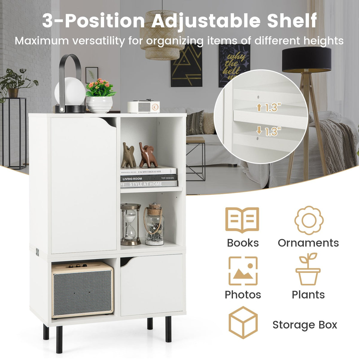 Stackable Bookcase with Adjustable Shelf and Cubes-White view 6