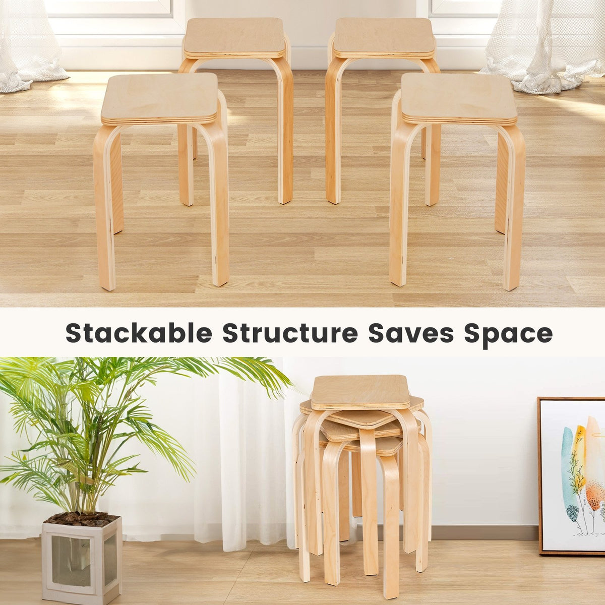 Stackable Stools Set of 4 with Square Top and Rounded Corners-Natural view 9
