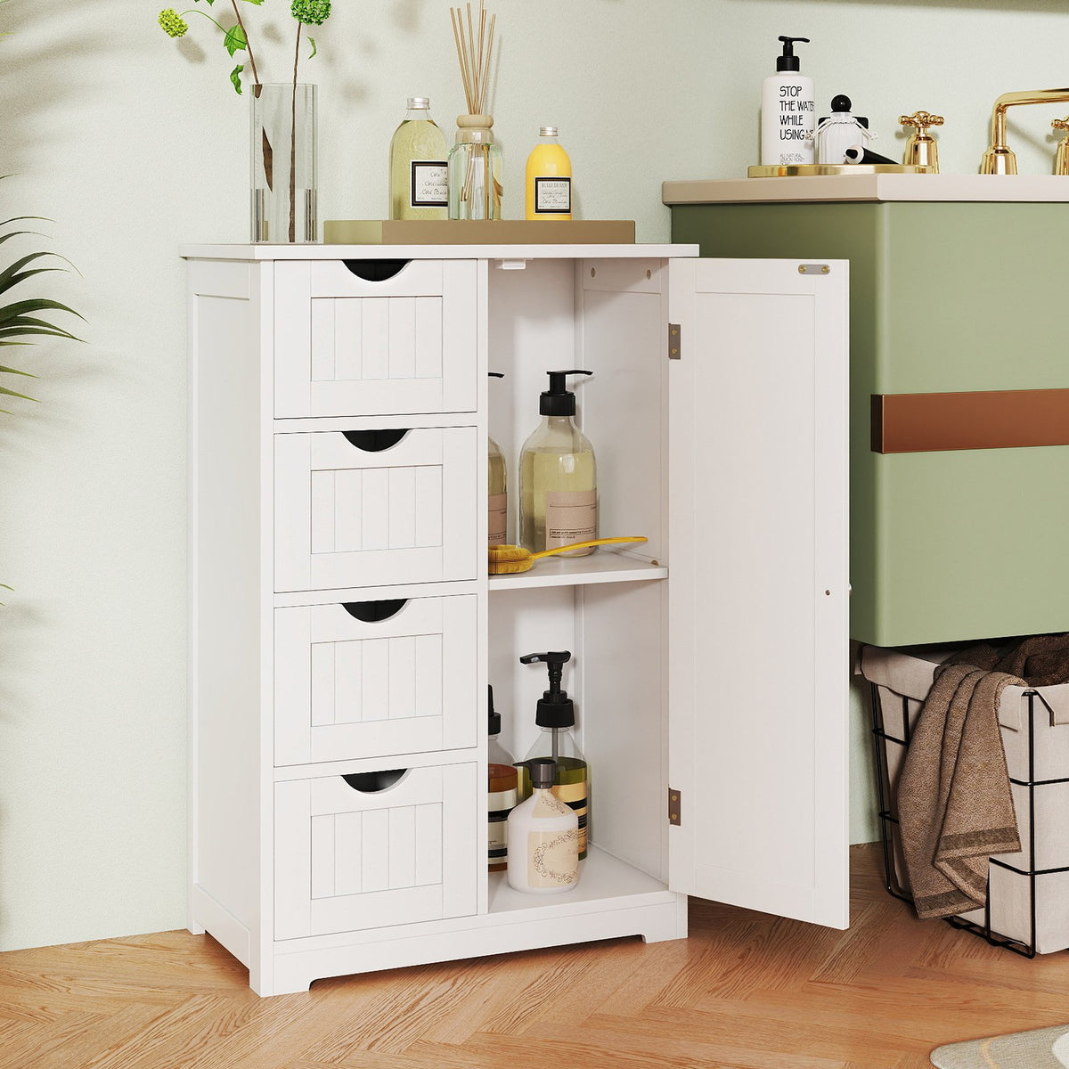 Standing Indoor Wooden Cabinet with 4 Drawers-White view 2