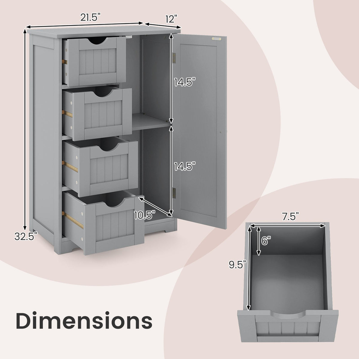 Standing Indoor Wooden Cabinet with 4 Drawers-Gray view 5