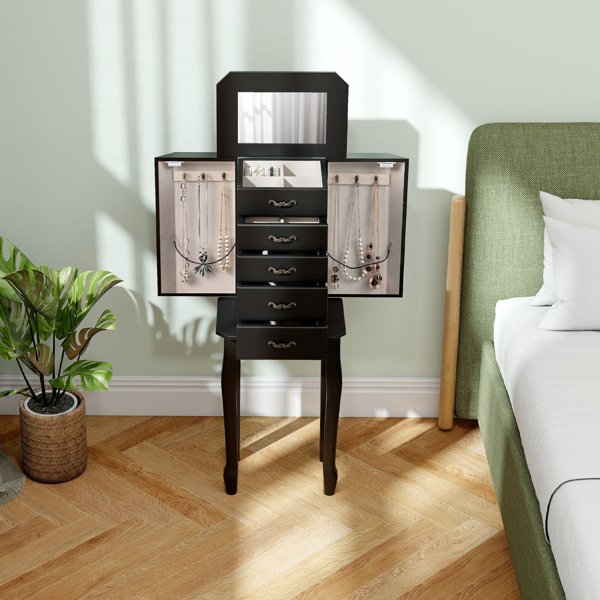 Standing Jewelry Box with 4 Drawers and 2 Side Doors-Black view 2