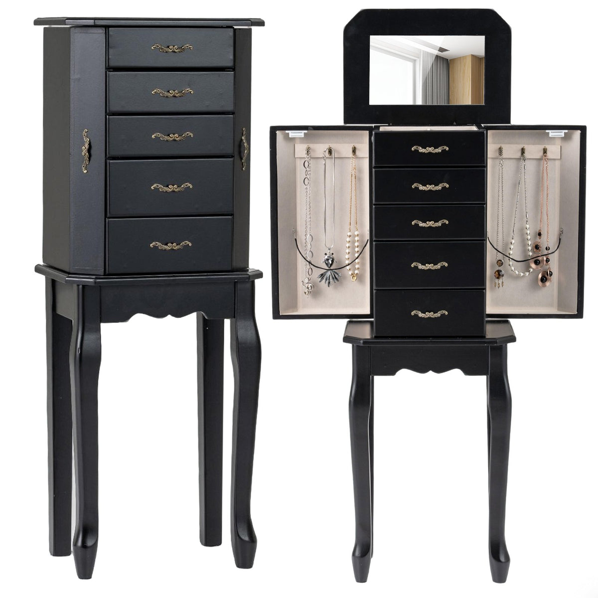 Standing Jewelry Box with 4 Drawers and 2 Side Doors-Black view 3
