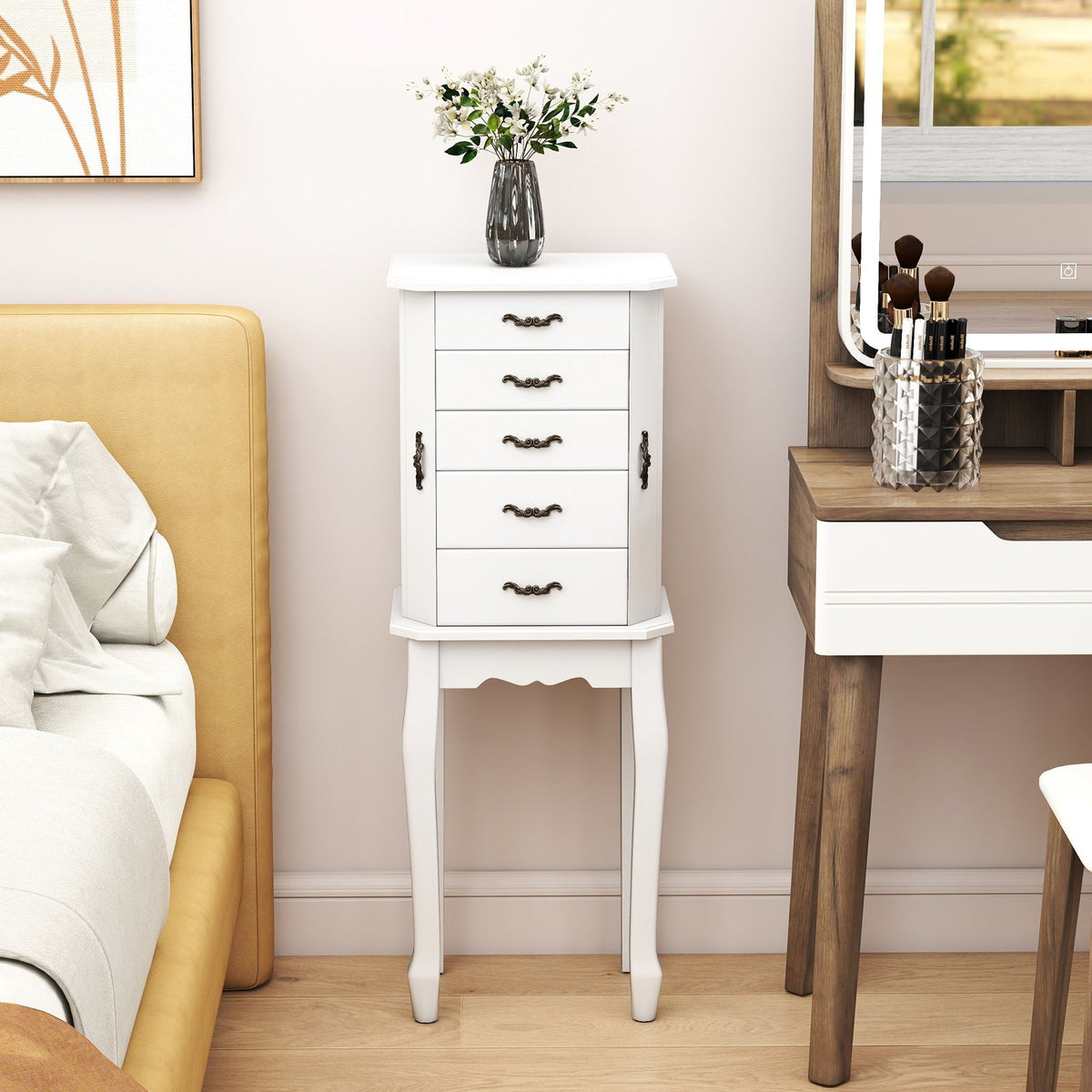 Standing Jewelry Box with 4 Drawers and 2 Side Doors-White view 3