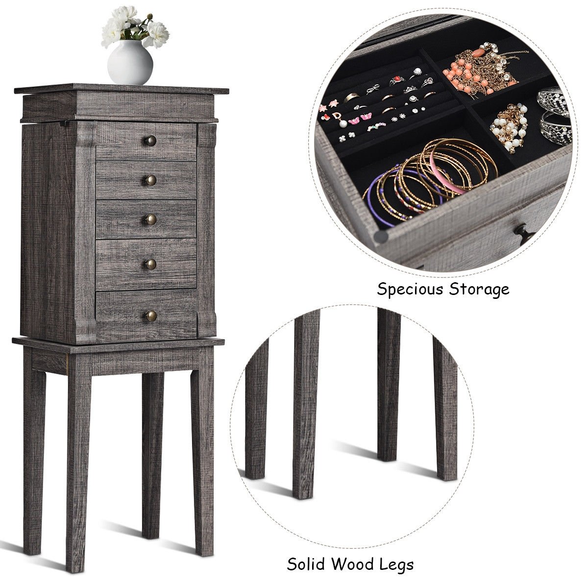 Standing Jewelry Cabinet Storage Organizer with Wooden Legs view 7