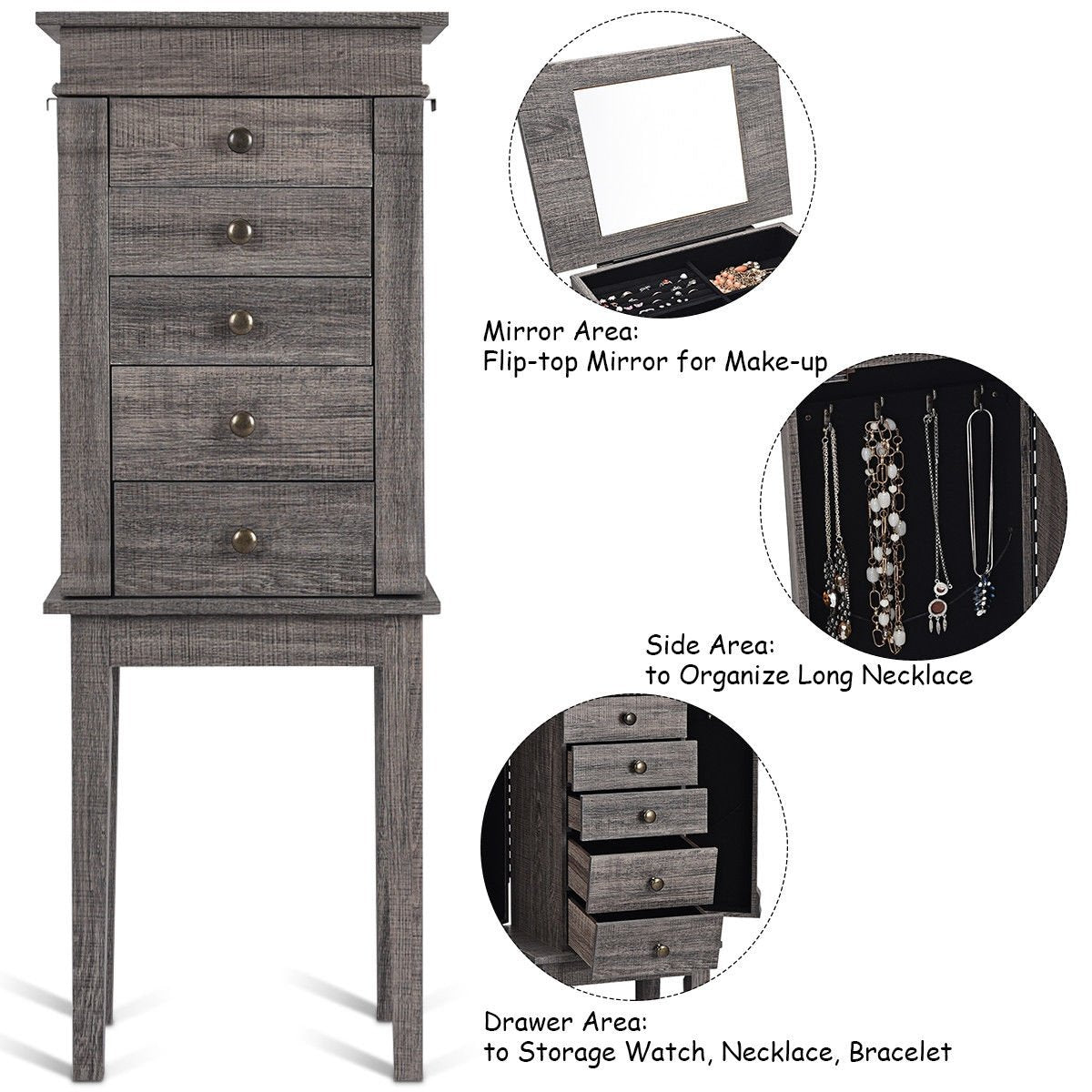 Standing Jewelry Cabinet Storage Organizer with Wooden Legs view 8